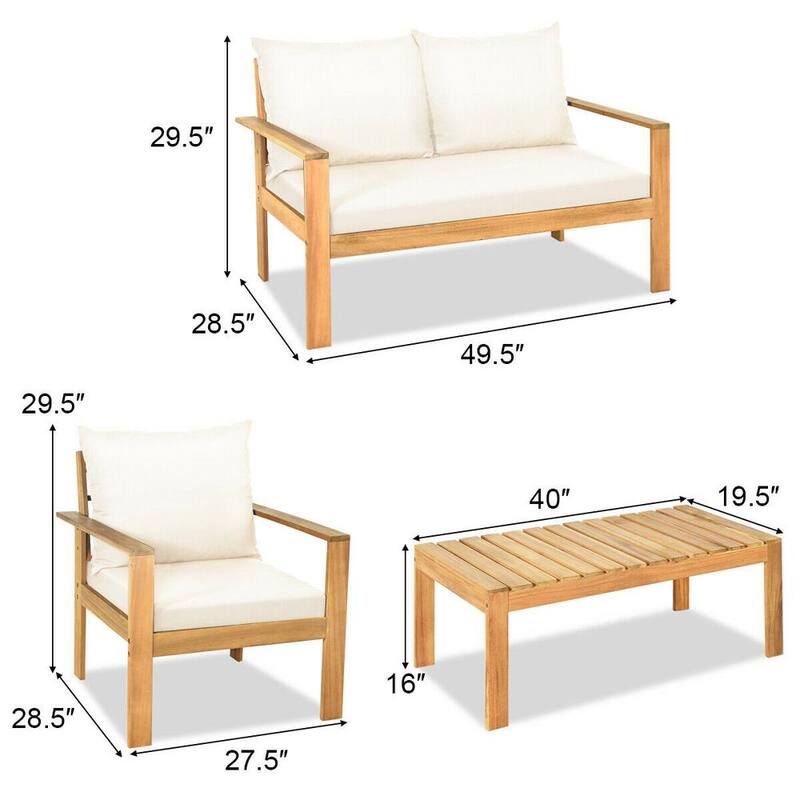 4-Piece Acacia Wood Patio Conversation Set with White Cushions and Wood Slat Top Table