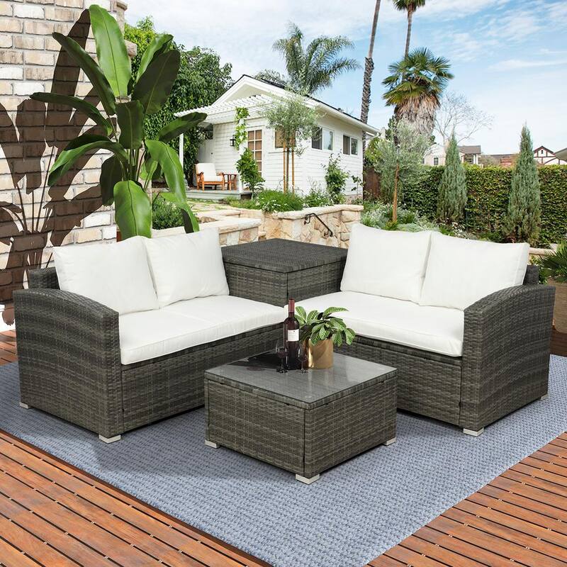 4-Piece Gray Wicker Outdoor Pation Conversation Sofa Set with Beige Cushion