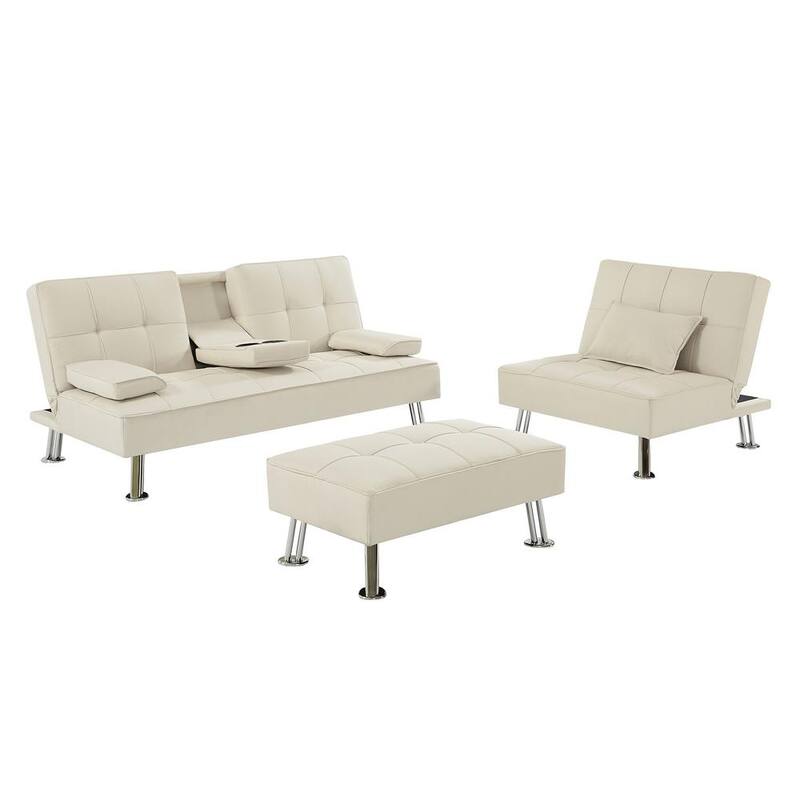 80.71 in. W Beige Fabric Sectional Twin Sofa Bed L-shape Sofa Chaise Lounge with Ottoman Bench and wooden legs