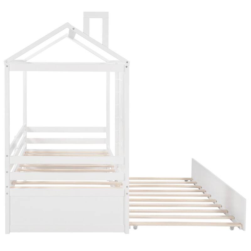 41.2 in. W White Twin House Bed Wood Bed with Twin Trundle