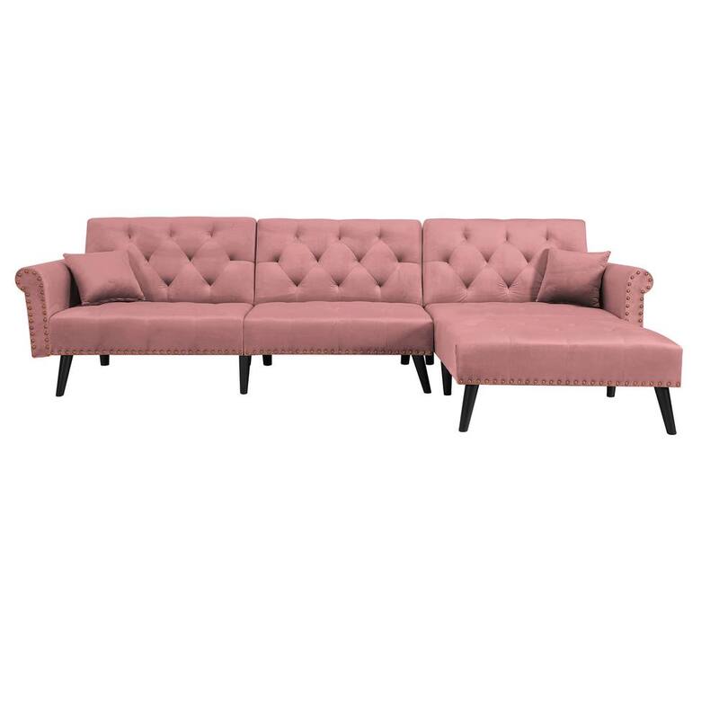 115 in. W Pink Velvet Twin Size Sofa Bed