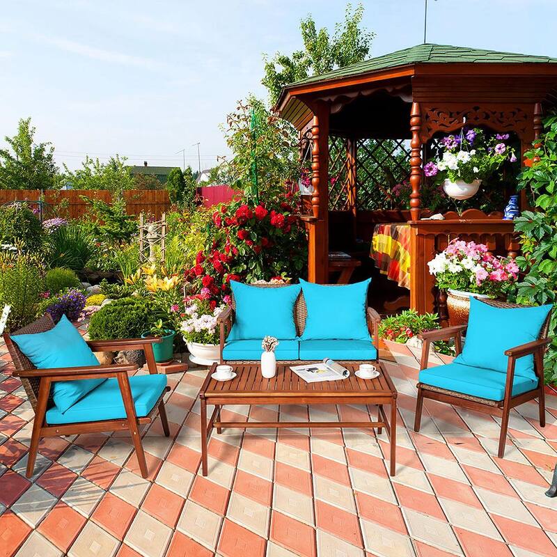 4-Pieces Wicker Patio Conversation Set Acacia Wood Frame with Turquoise Cushions