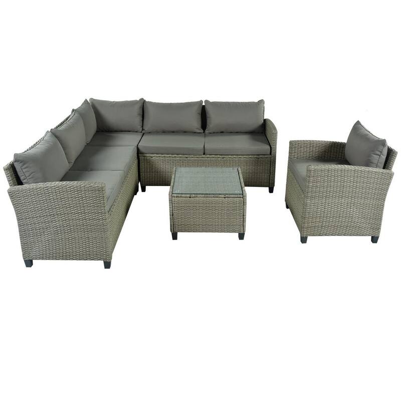 5-Piece Wicker Patio Conversation Set with Grey Cushions Coffee Table and Single Chair