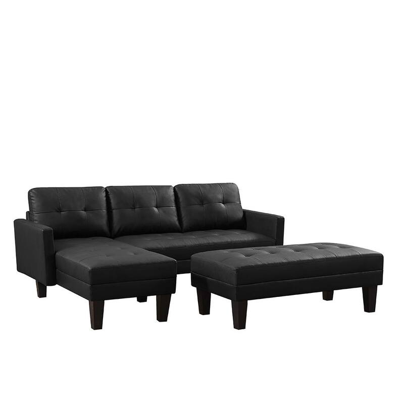 80.71 in. W 3-piece Faux Leather Sectional Sofa L-shape Sofa Chaise Lounge with Ottoman Bench in Black