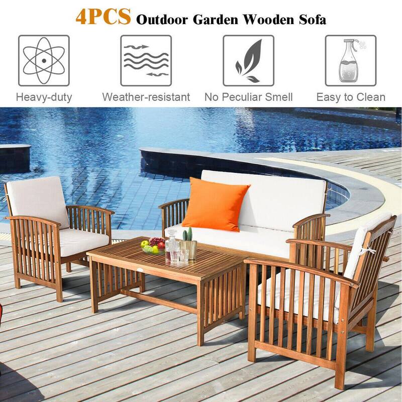 4-Piece Acacia Wood Patio Conversation Set with White Cushions