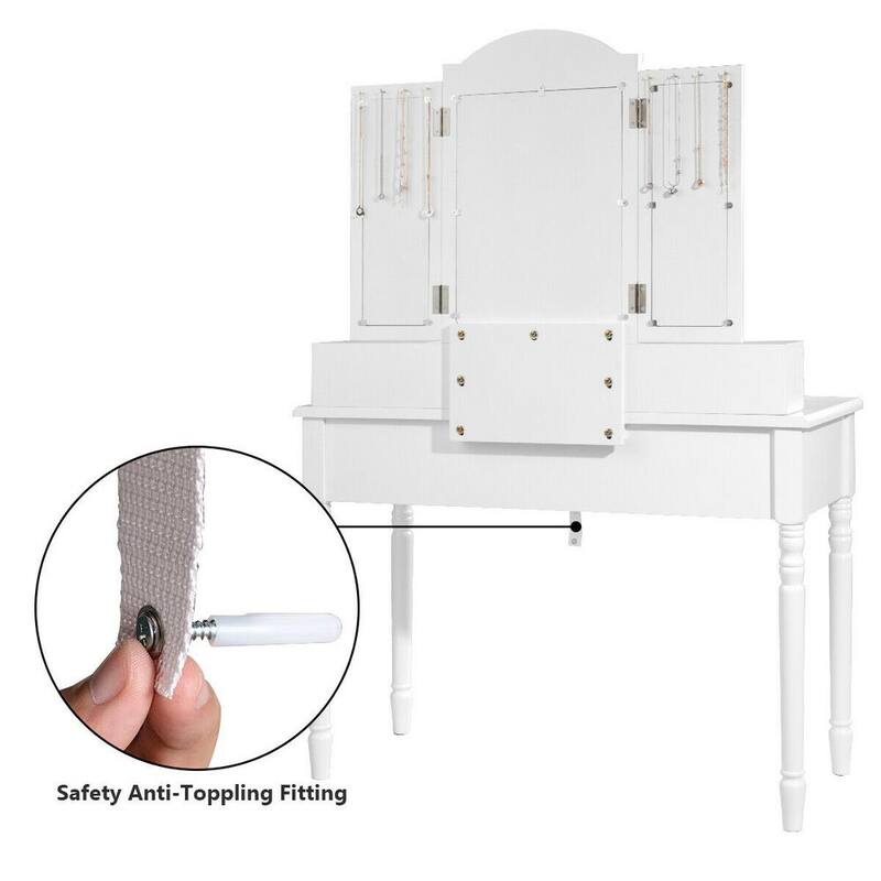 7-Drawer White Makeup Dressing Table with Tri-Folding Mirror and Cushioned Stool