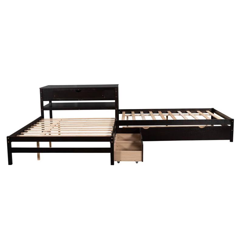 134.90 in. W Espresso Full Size L-shaped Platform Beds with Twin Size Trundle and Drawers