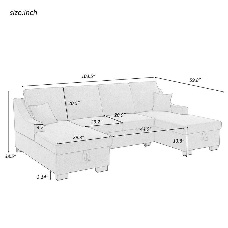 103.5 in. W Square Arms 4-Piece U Shaped Linen Modern Sectional Sofa in Gray with Double Storage Spaces