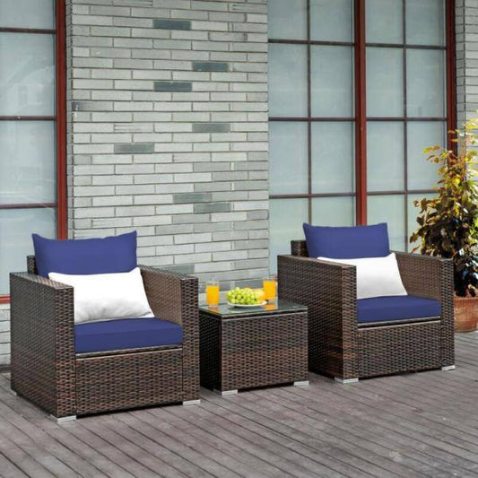 3-Piece Wicker Patio Conversation Set with Blue Cushions and Tempered Glass-Top Table