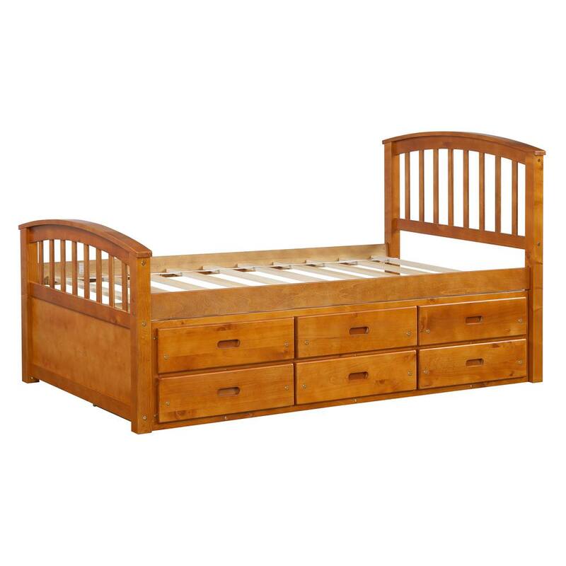 79 in. W Oak Twin Size Platform Storage Bed Solid Wood Bed with 6-Drawers