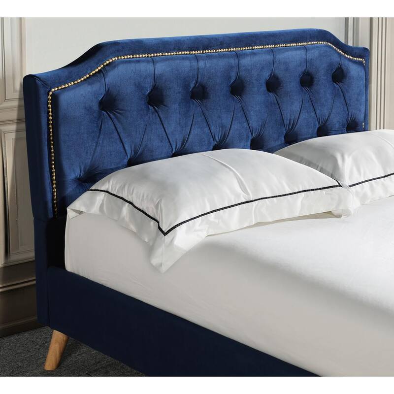 85.9 in. W Navy Queen Size Upholstered Platform Bed Fabric Bed Frame Box Spring Not Needed