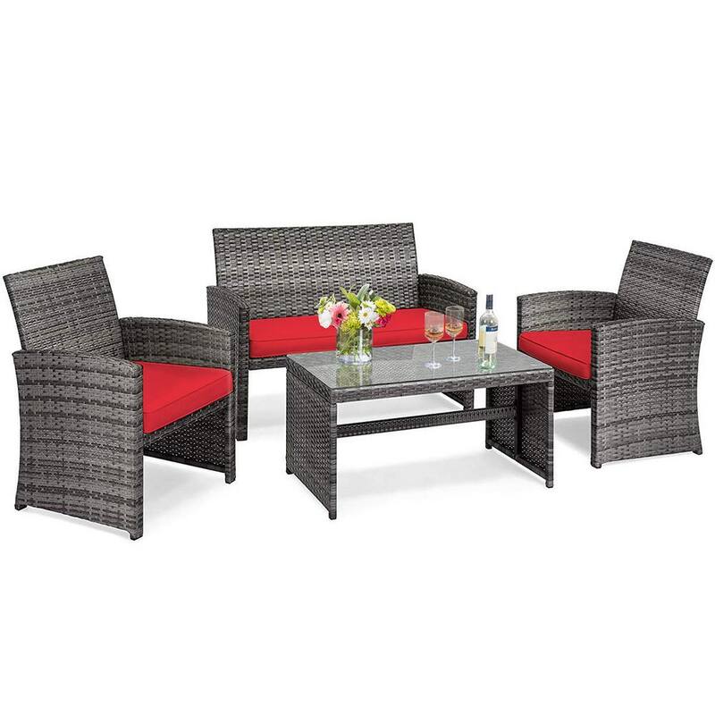 8-Piece Wicker Patio Conversation Set Rattan Furniture Sofa Set with Red Cushions