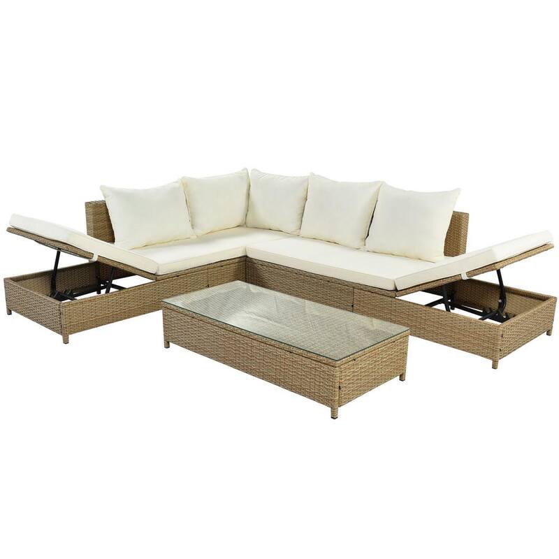 3-Piece Natural Brown Wicker Outdoor Sectional Set with Beige Cushions