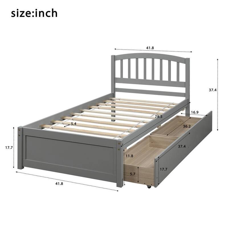 79.5 in. W Gray Twin Wood Frame Platform Bed with 2-Drawers and Headboard