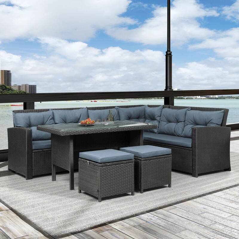 6-Piece Wicker Patio Conversation Set with Gray Cushions