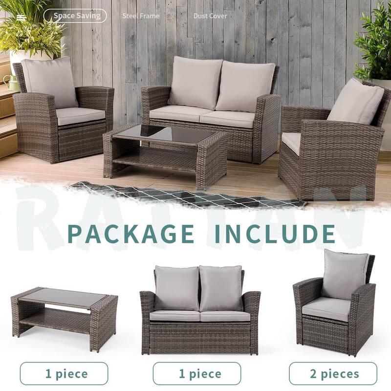 4-Piece Patio Conversation Set Retro Wicker PE Rattan Furniture Set Light Gray