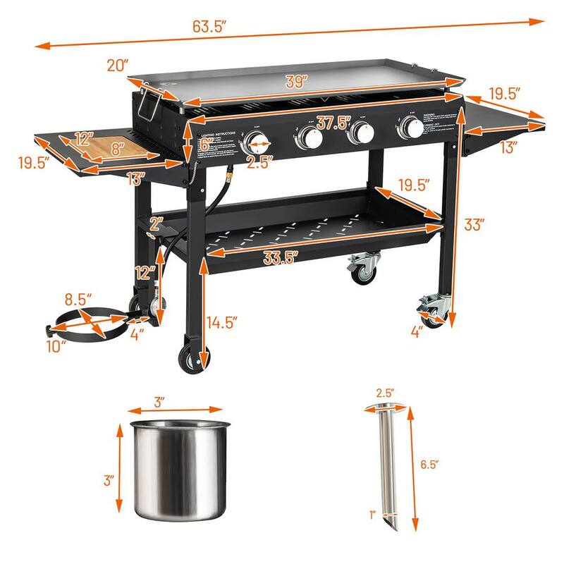 4-Burner Propane Gas Grill 60000BTU Foldable Outdoor Griddle Station w/Wheels in Black