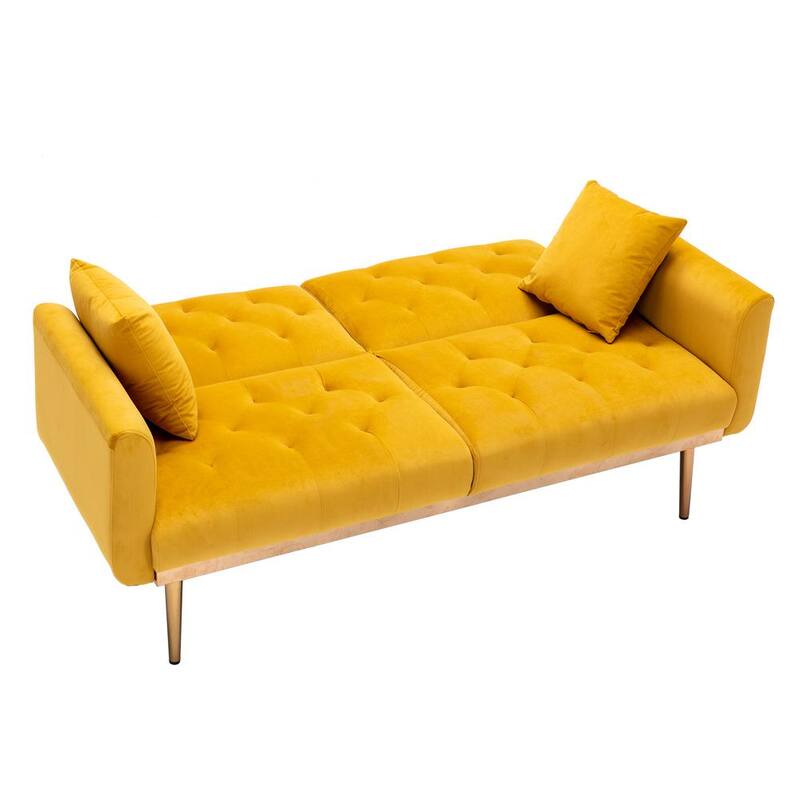 63.7 in Wide Mustard Yellow Velvet Upholstered 2-Seater Convertible Sofa Bed with Golden Metal Legs