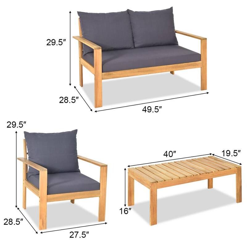 4-Piece Wood Outdoor Sectional Set Conversation Sofa Table Furniture Set with Grey Cushions