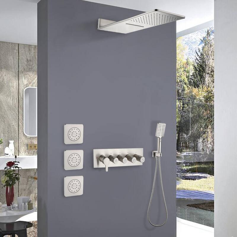 3-Spray Waterfall High Pressure Wall Mounted Shower System with 3 Body Sprays and Handheld Shower in Brushed Nickel