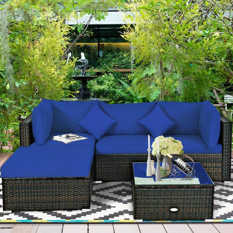 4-Piece Wicker Patio Conversation Set Sectional Loveseat Couch Sofa with Storage Box Coffee TableNavy Cushions