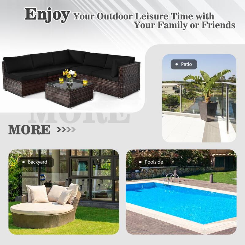 6-Piece Wicker Outdoor Sectional Conversation Furniture Set with Coffee Table Black Cushions