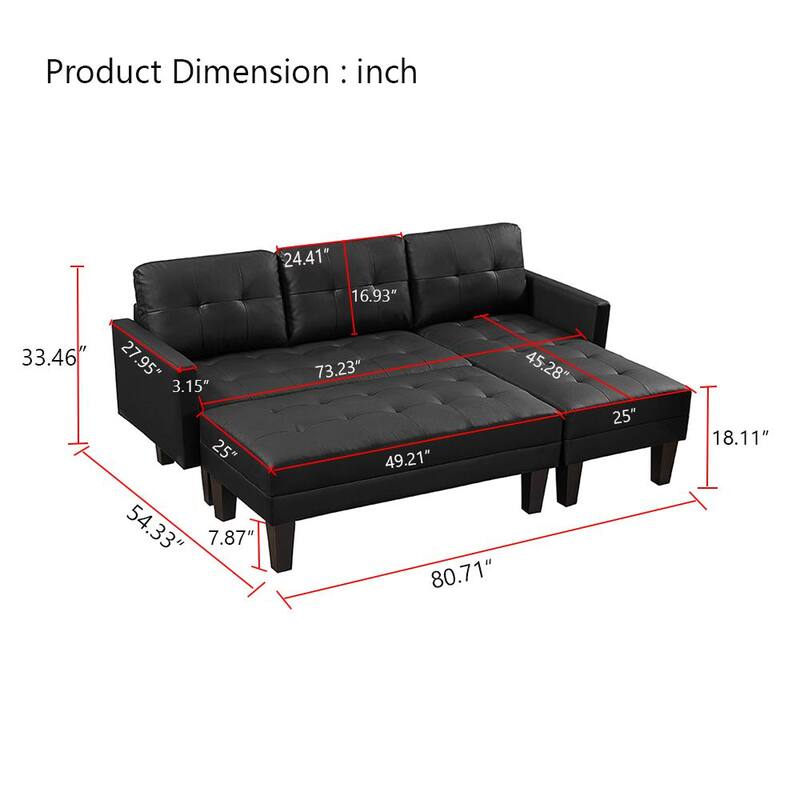 80.71 in. W 3-piece Faux Leather Sectional Sofa L-shape Sofa Chaise Lounge with Ottoman Bench in Black