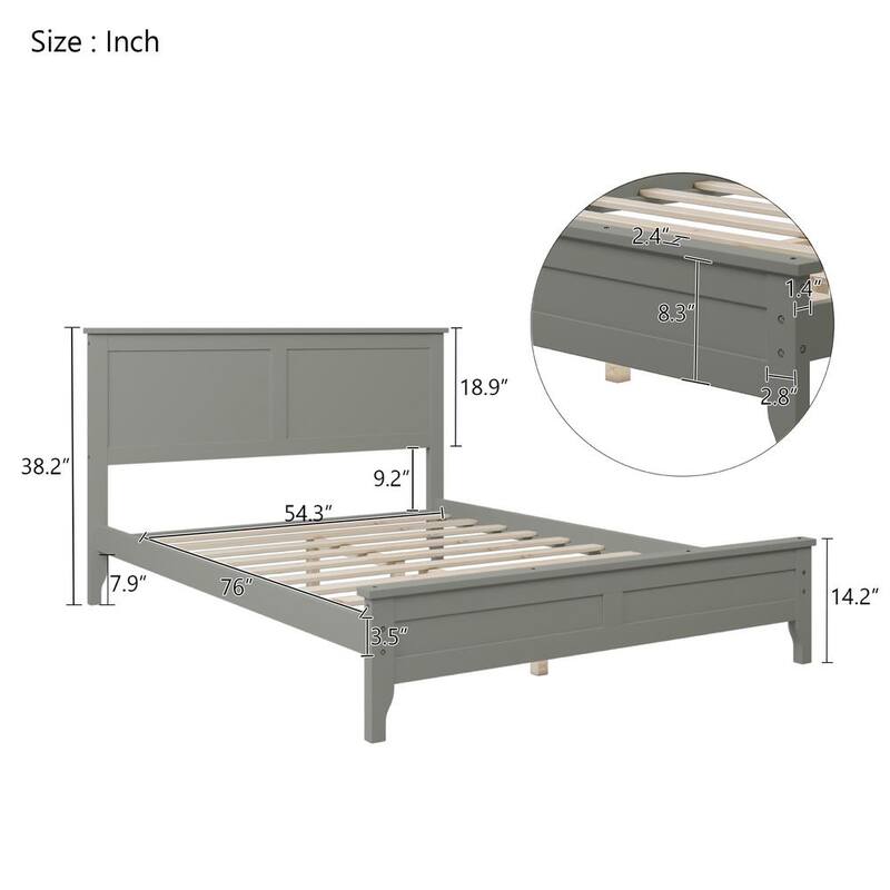 76.00 in. W Modern Gray Full Solid Wood Platform Bed