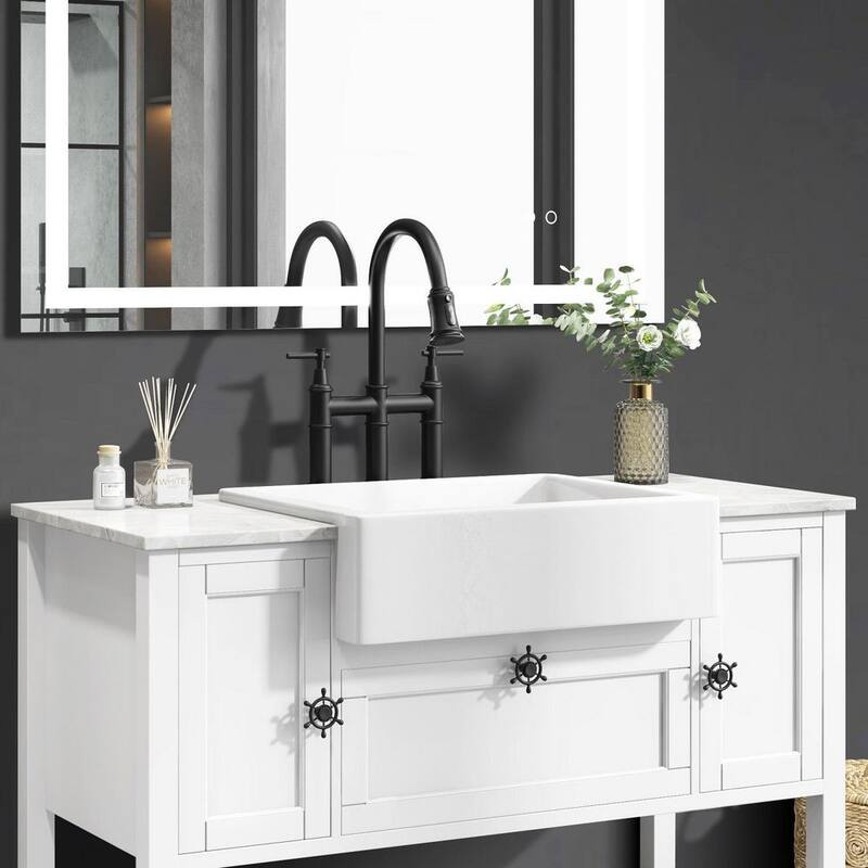 48 in. W x 20 in. D x 33.6 in. H Single Sink Bathroom Vanity in White Oak with Top in White Ceramic Basin and Mirror