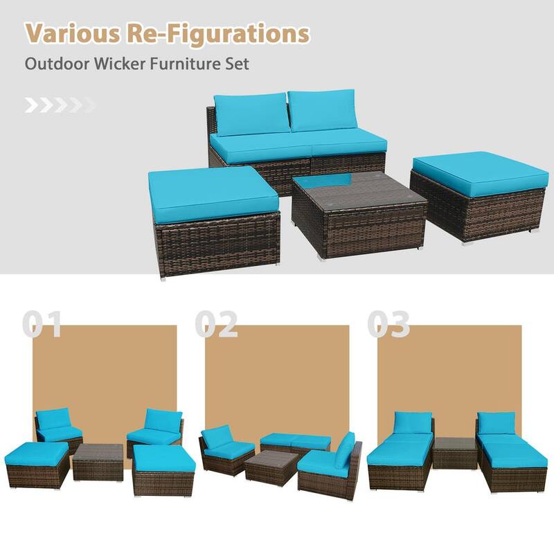 5-Piece Wicker Outdoor Sectional Set Patio Sofa Set Lounge Chair with Turquoise Cushions