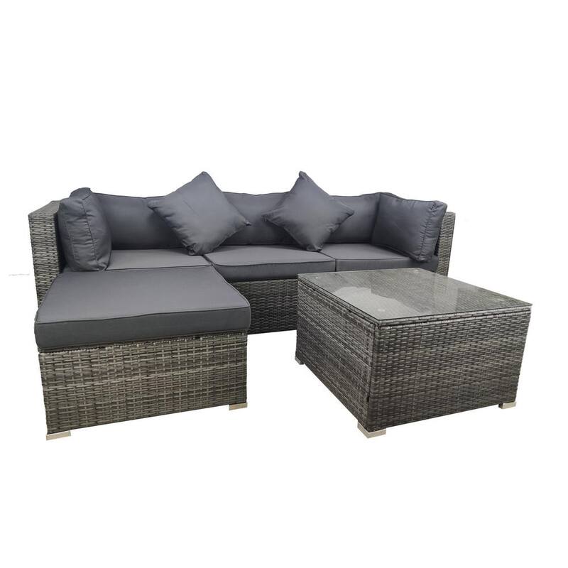 5-Piece Wicker Patio Conversation Set with Gray Cushions and Throw Pillows