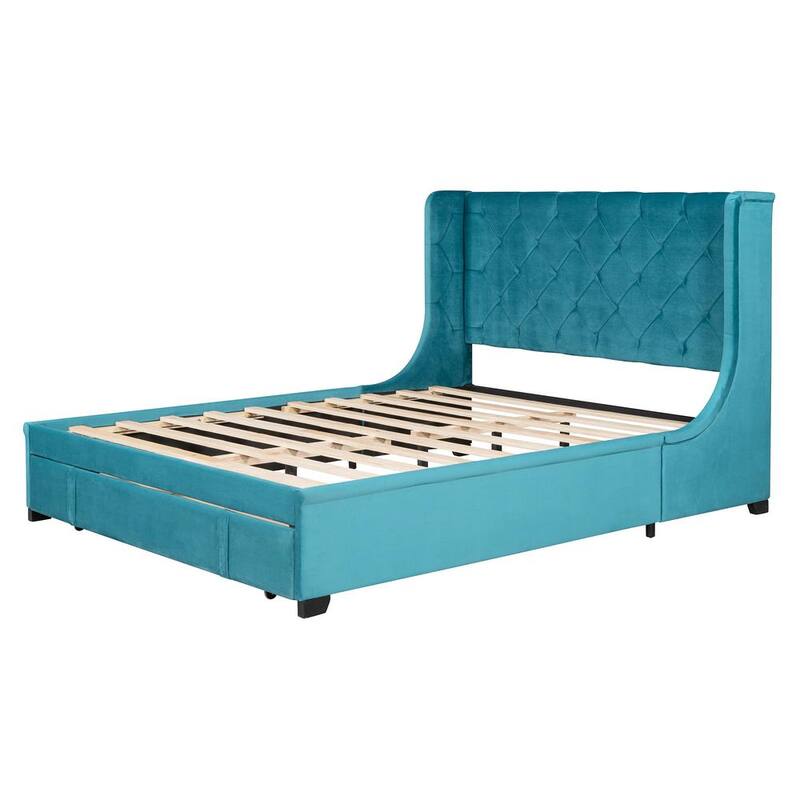 84.40 in. W Blue Queen Size Storage Bed Velvet Platform Bed with Wingback Headboard and a Big Drawer