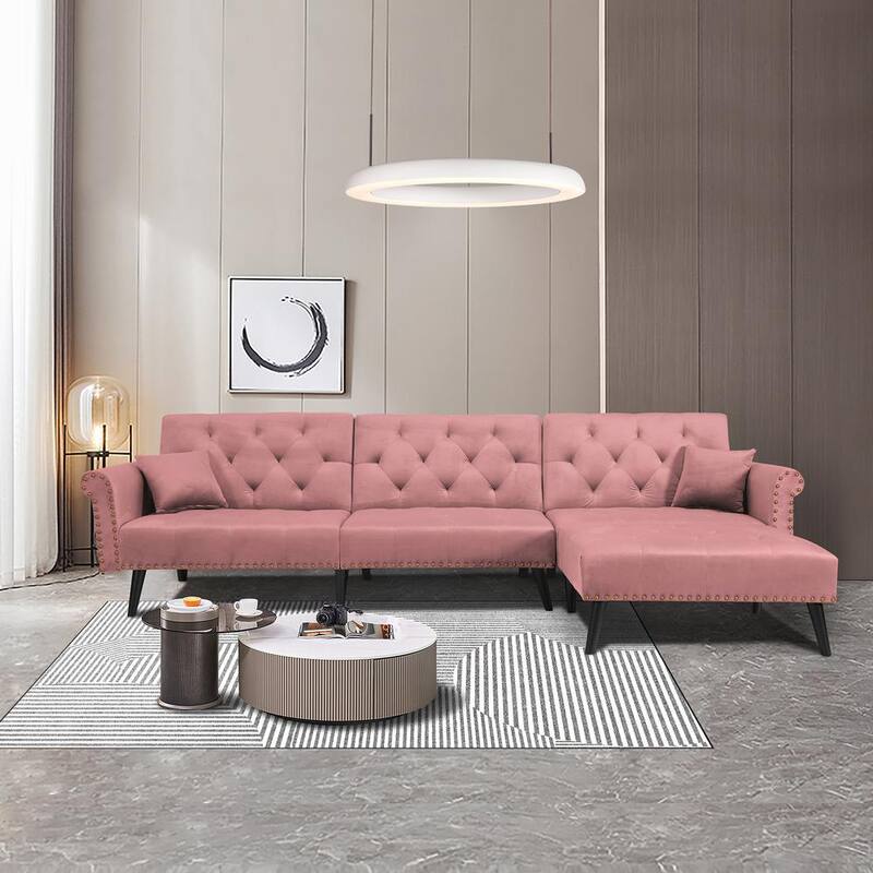 115 in. W Pink Velvet Twin Size Sofa Bed