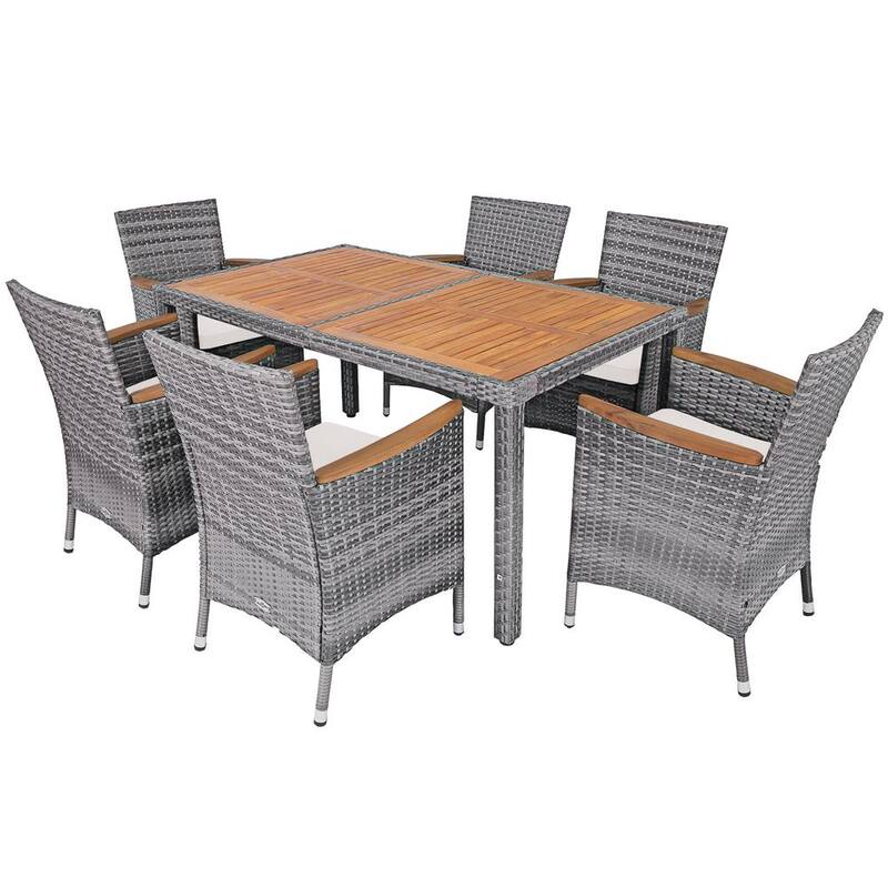 7-Piece Wood and Wicker Outdoor Dining Set Patio Acacia Furniture Set with Beige Cushions