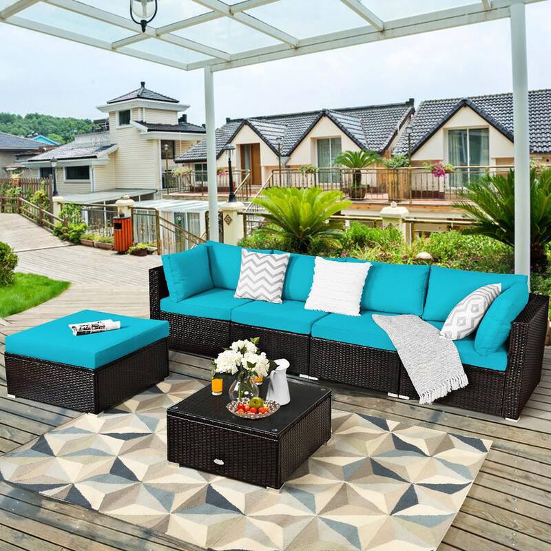 6-Piece Rattan Outdoor Patio Furniture Set with Turquoise Cushions