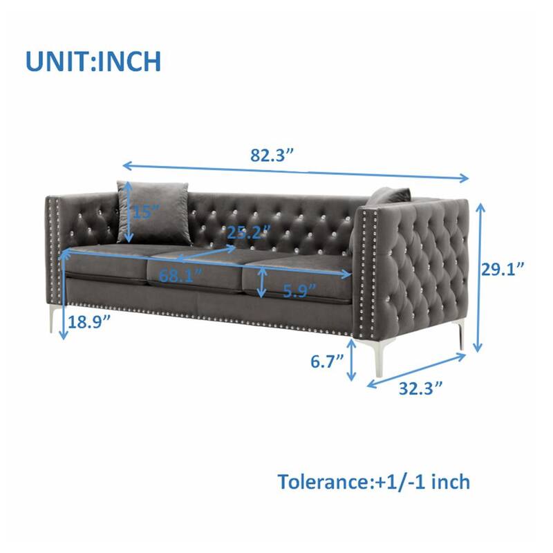 82.3 in Wide Square Arm 3-Seats Velvet Straight Sofa in Gray