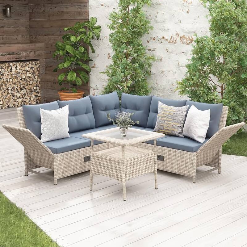 4-Piece Natural Wicker Outdoor Sectional Set with Adjustable Backs Gray Cushions