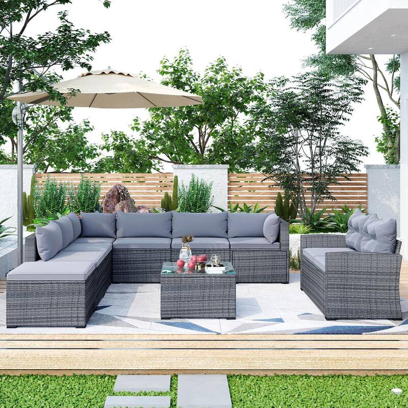 9-Piece Outdoor Wicker Patio Conversation Sofa Set with CushionGuard Gray Cushions for Poolside