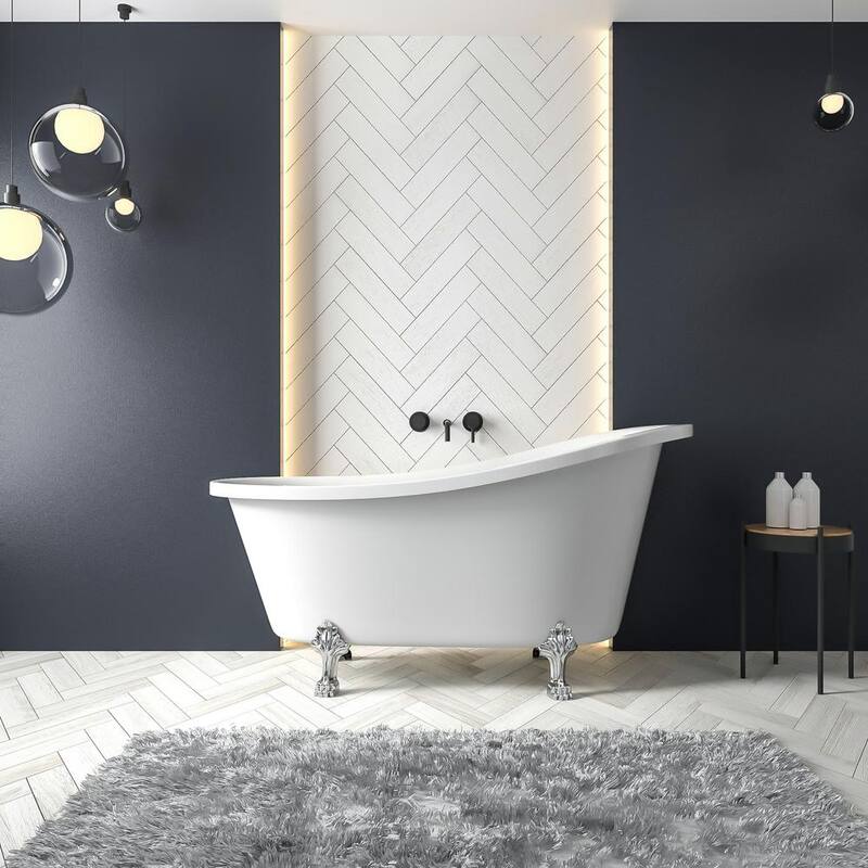 67 in. Acrylic Clawfoot Bathtub in White with Brushed Nickel Overflow and Drain Oval Soaking Bathtub