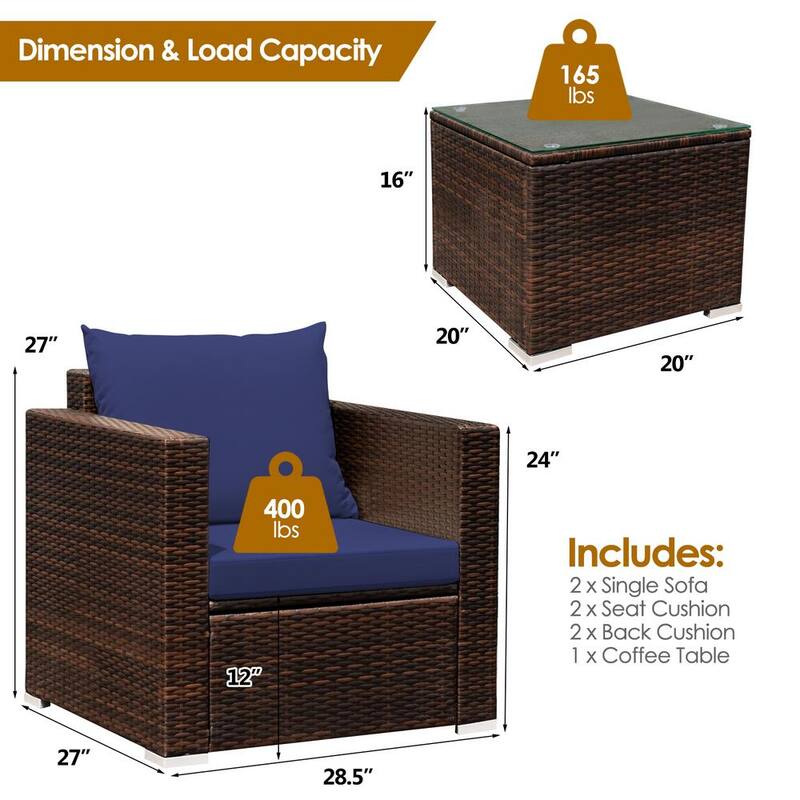 3-Piece Wicker Patio Conversation Set with Blue Cushions and Tempered Glass-Top Table