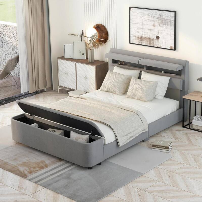 92.5 in. W Gray Full Wood Frame Upholstery Platform Bed with Storage Headboard and Footboard