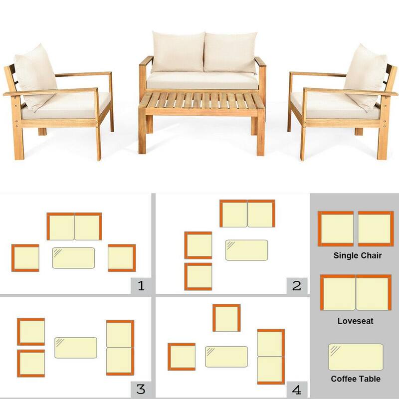 4-Piece Acacia Wood Patio Conversation Set with White Cushions and Wood Slat Top Table