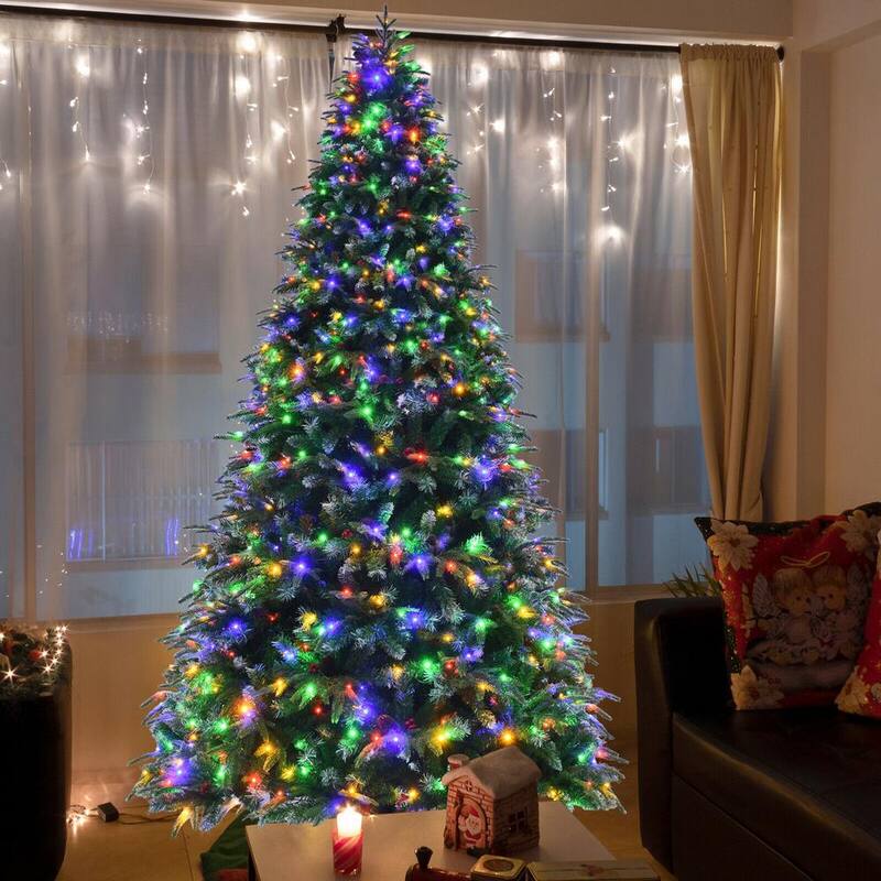 9 ft. Green Pre-Lit Snowy Hinged Artificial Christmas Tree with Multi-Color Lights