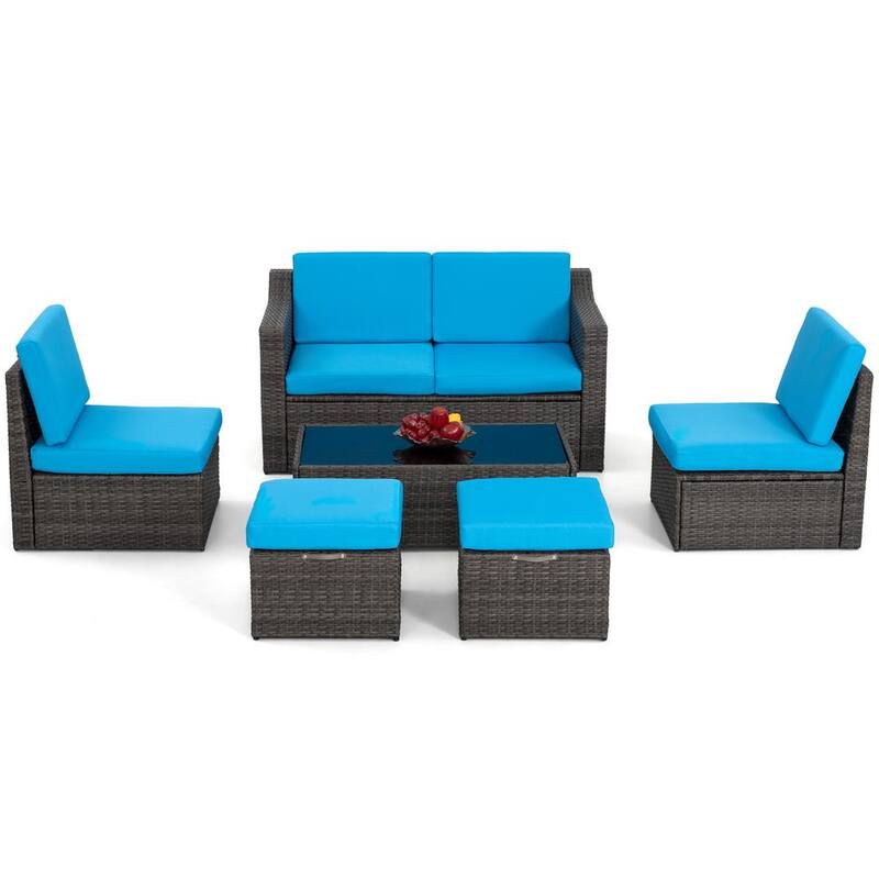 6-Piece Rattan Patio Sectional Sofa with Grey/Blue Cushions