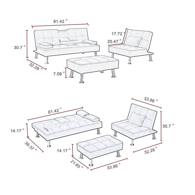 80.71 in. W Beige Fabric Sectional Twin Sofa Bed L-shape Sofa Chaise Lounge with Ottoman Bench and wooden legs