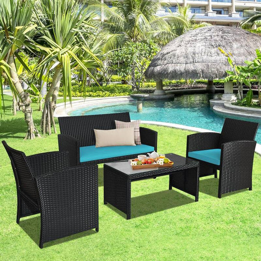 4-Piece Wicker Patio Conversation Set with 3 Turquoise Cushions