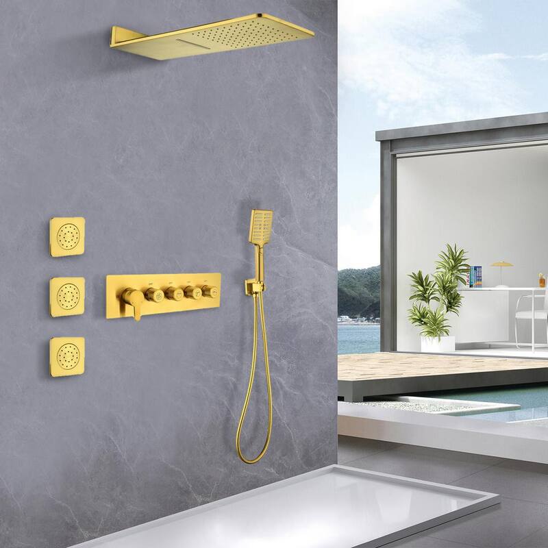 3-Spray Waterfall High Pressure Wall Mounted Shower System with 3 Body Sprays and Handheld Shower in Gold