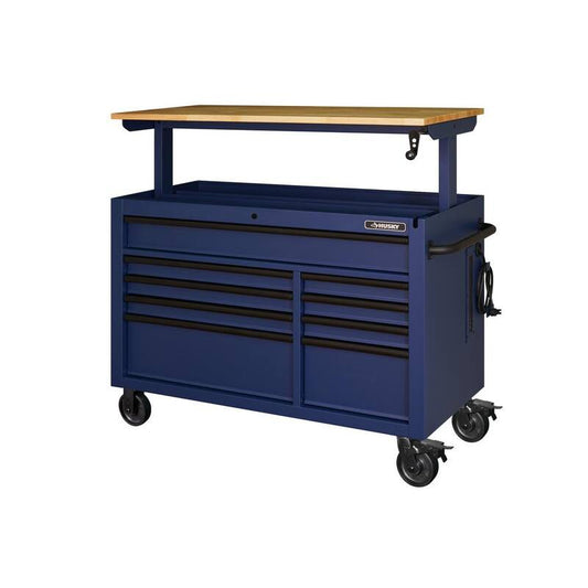 52 in. W x 25 in. D Heavy Duty 9-Drawer Mobile Workbench Tool Chest with Adjustable-Height Solid Wood Top in Matte Blue