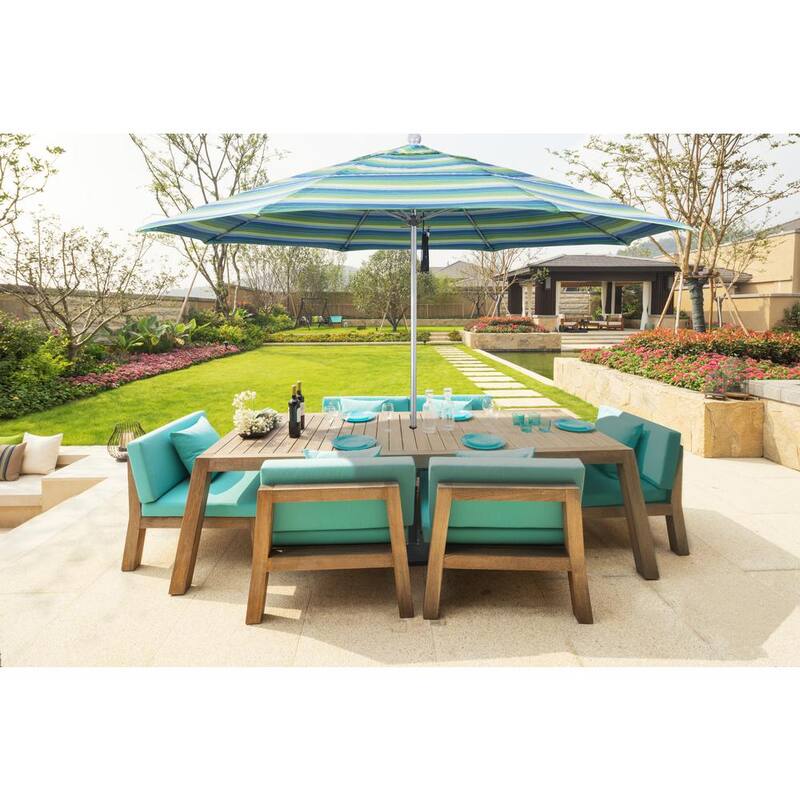 11 ft. Silver Aluminum Commercial Market Patio Umbrella with Fiberglass Ribs and Pulley Lift in Natural Sunbrella