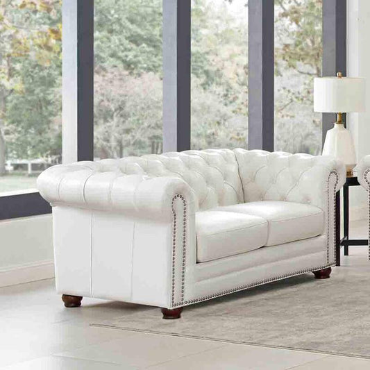 Aliso 68 in. White Solid Leather 2-Seater Loveseat with Removable Cushion